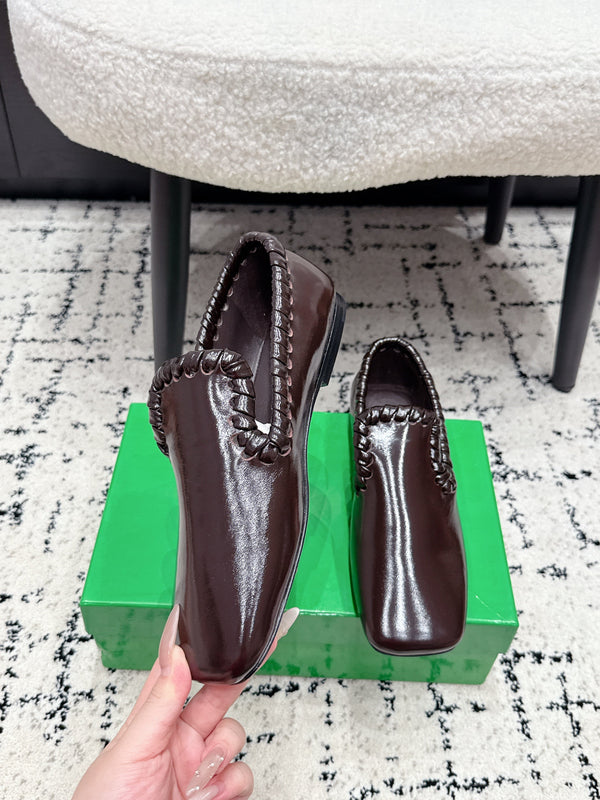 BV Sabato Loafers Flat Italian Brown Glossy Leather 770001