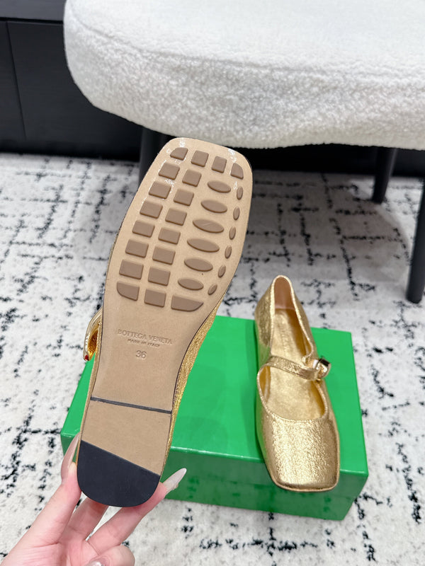 BV Charlotte Mary Jane Flat Gold Metallic Leather 770005