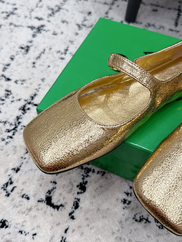 BV Charlotte Mary Jane Flat Gold Metallic Leather 770005