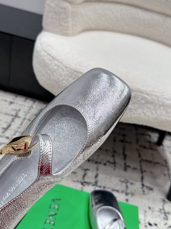 BV Charlotte Mary Jane Flat Sliver Metallic Leather 770006