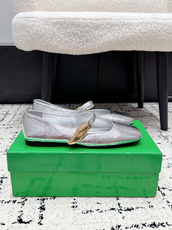BV Charlotte Mary Jane Flat Sliver Metallic Leather 770006
