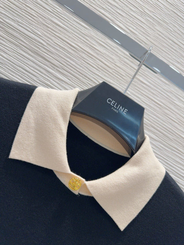 Celine 2025 A-line Dress Black mix White Tencel cotton