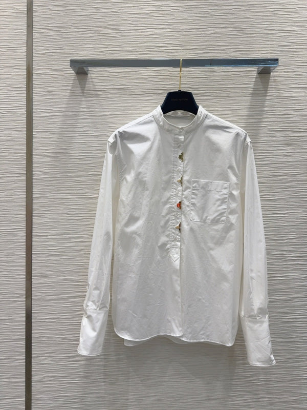 LV 25 Long Sleeve Mandarin Collar Shirt White Cotton