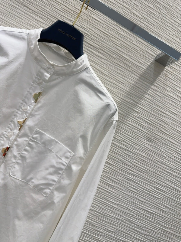 LV 25 Long Sleeve Mandarin Collar Shirt White Cotton