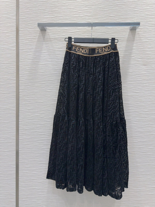 Fendi 2025 Long Pleated Lace Dress Black Polyester