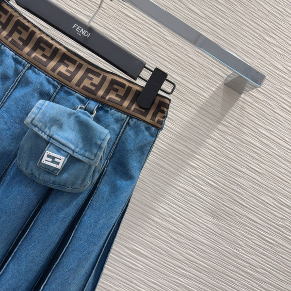 Fendi 2025 Pleated Denim Skirt Blue Cotton