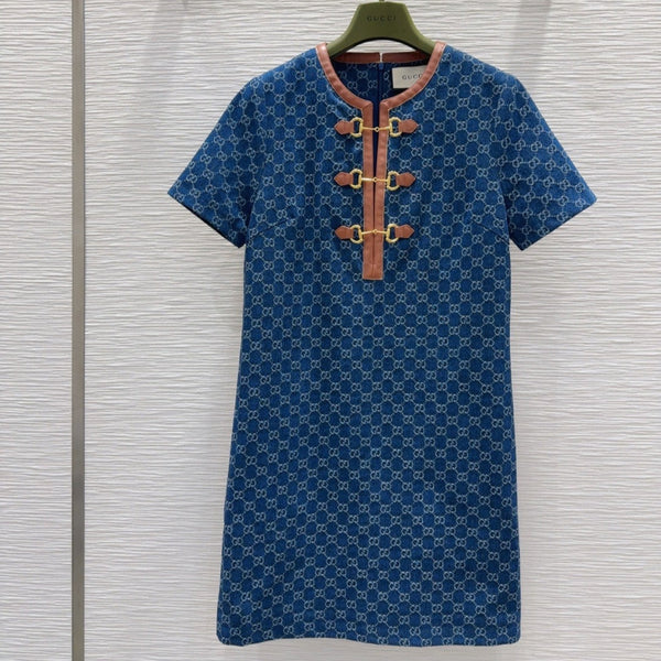 Gucci 2025 Denim Dress Blue Brown Cotton