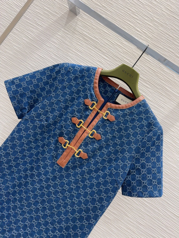 Gucci 2025 Denim Dress Blue Brown Cotton