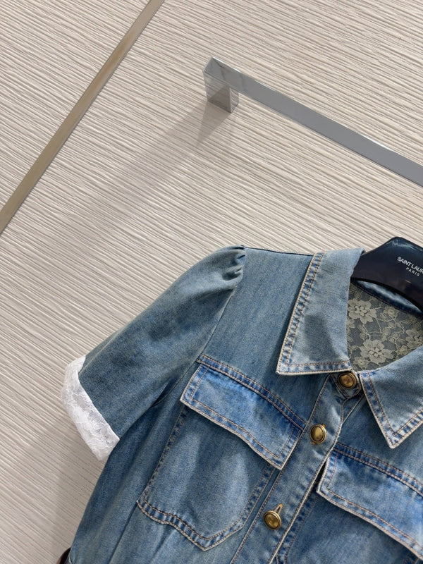 YSL 25 Denim Puff-sleeve Sress with Gathered Waist Blue Cotton