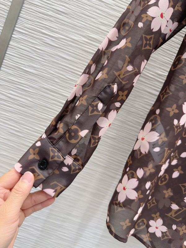 LV 25 Slightly Transparent Flower Shirt Brown Polyester