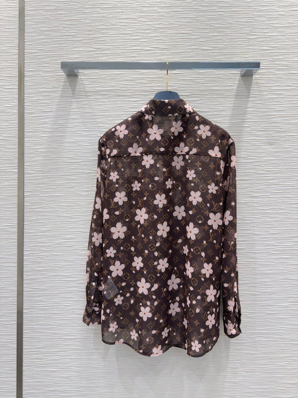 LV 25 Slightly Transparent Flower Shirt Brown Polyester