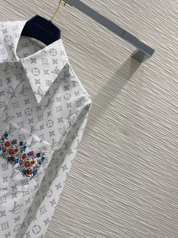 LV 25 Floral Wristband Shirt White Grey Polyester
