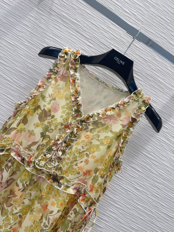 Celine 25 Floral Sleeveless Dress Green mix colors Polyester