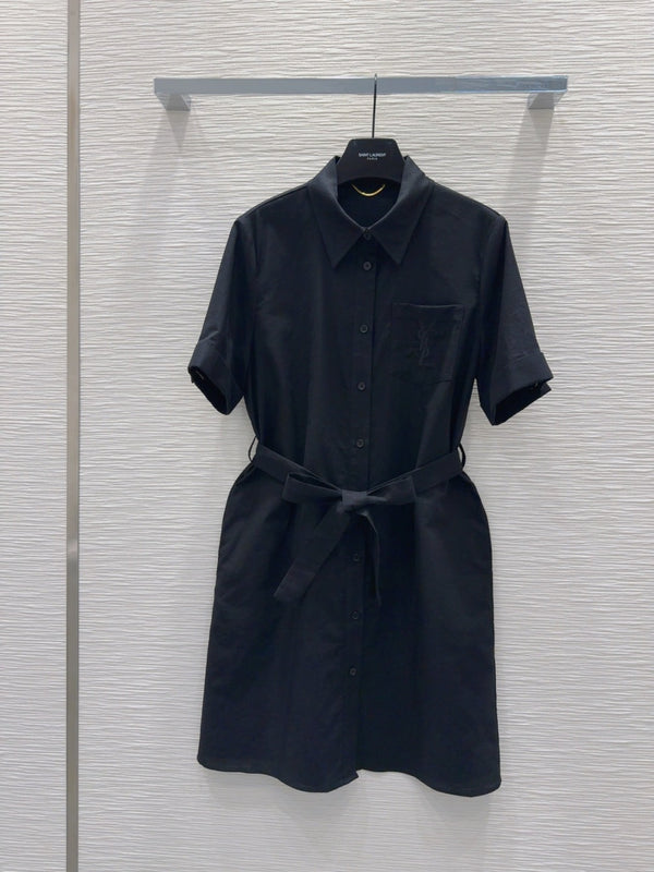 YSL 2025 Shirt Dress Black Flax Cotton