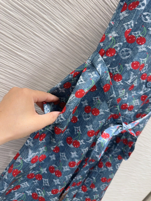 LV 25S Cherry Printed Dress Blue Red Poliester