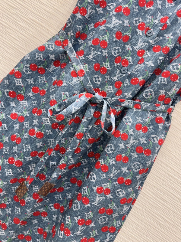 LV 25S Cherry Printed Dress Blue Red Poliester