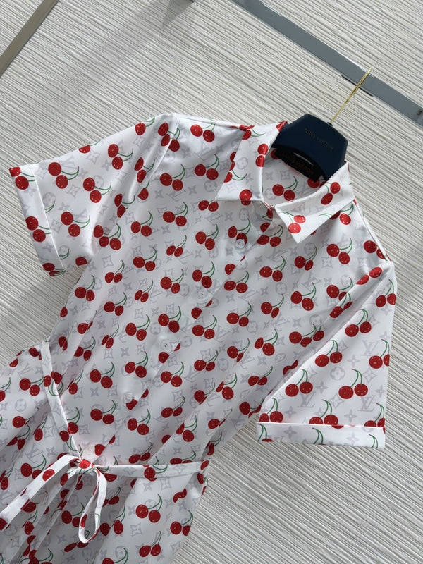 LV 25S Cherry Printed Dress White Red Poliester