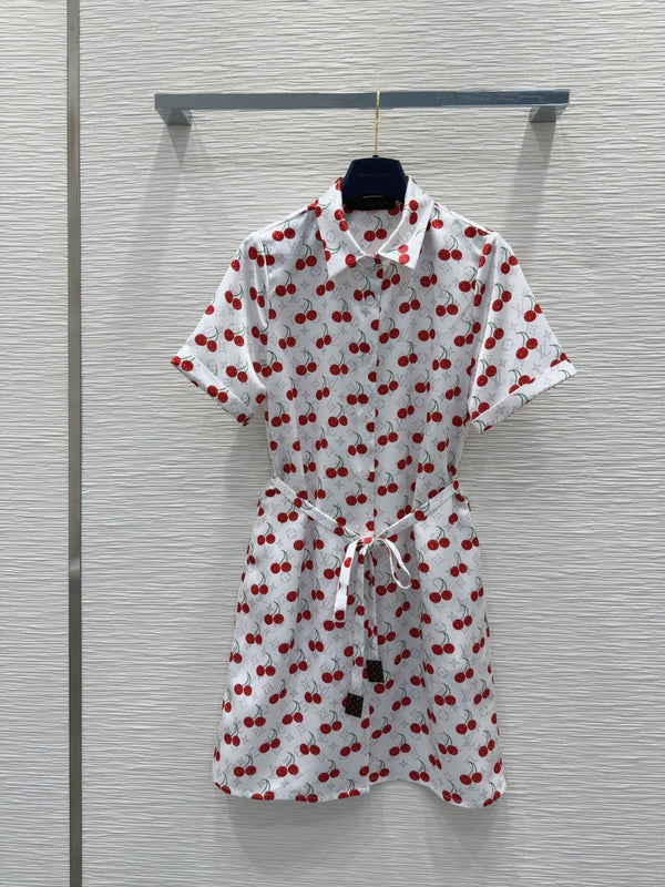 LV 25S Cherry Printed Dress White Red Poliester