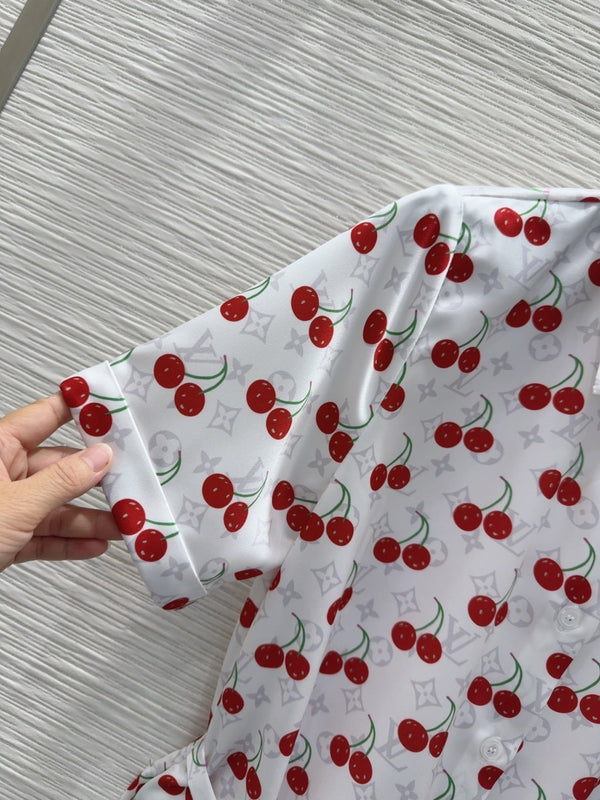 LV 25S Cherry Printed Dress White Red Poliester