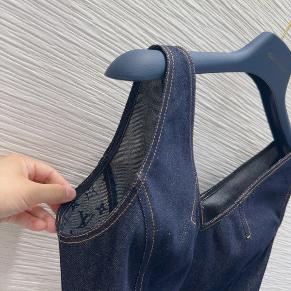 LV 25 Denim Back Zipper Shirt Blue Cotton