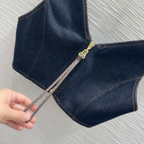 LV 25 Denim Back Zipper Shirt Blue Cotton