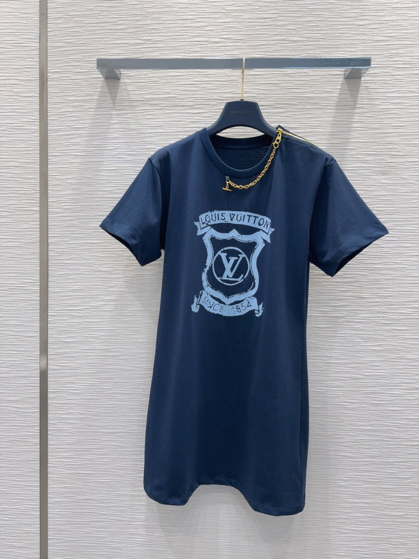 LV 25 Metal Zipper Decoration On The Left Shoulder Dress Blue Cotton