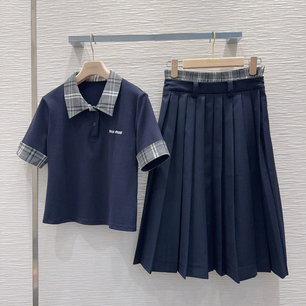 Miu PE26 Ensemble Polo Jupe plissée Bleu Marine Polyester Coton 351275