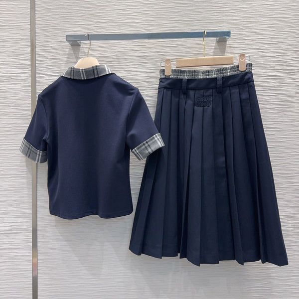 Miu PE26 Ensemble Polo Jupe plissée Bleu Marine Polyester Coton 351275