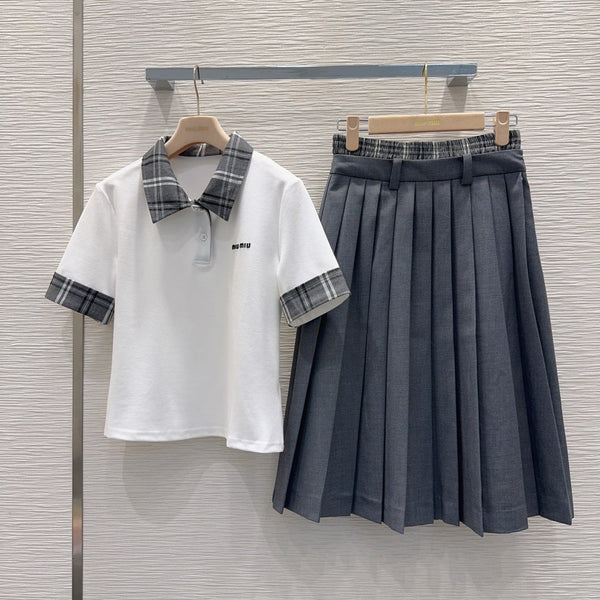 Miu PE26 Ensemble Polo Jupe plissée Blanc Gris Anthracite Polyester Coton 351269