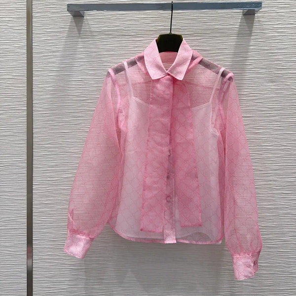Gucci 2026 GG Tie-neck Printed Chiffon Shirt Pink Polyester 131877