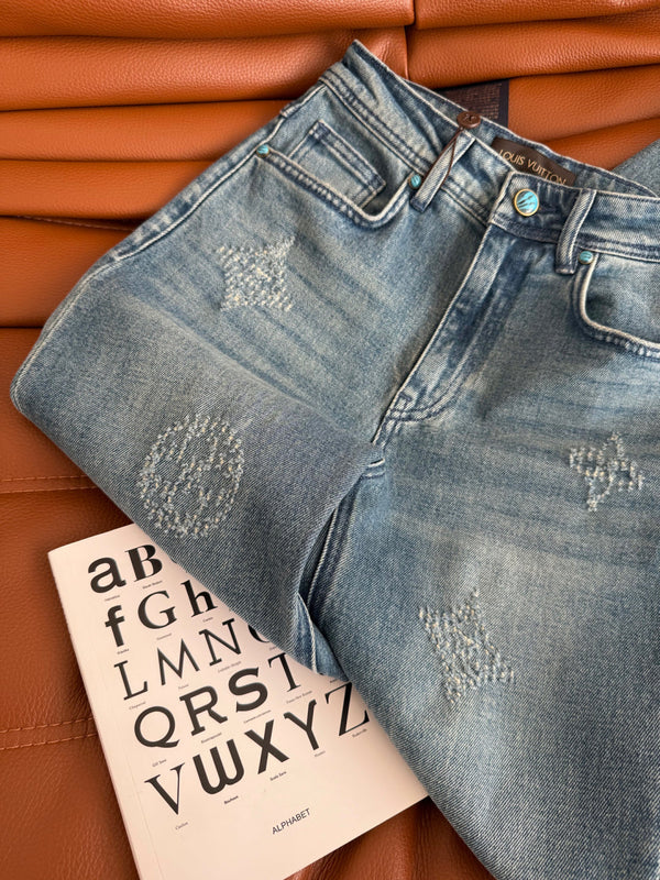 LV 25 Ripped Craft Monochrome Straight-Leg Jeans Blue Cotton
