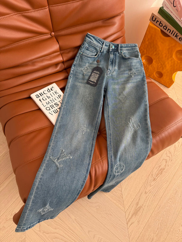 LV 25 Ripped Craft Monochrome Straight-Leg Jeans Blue Cotton