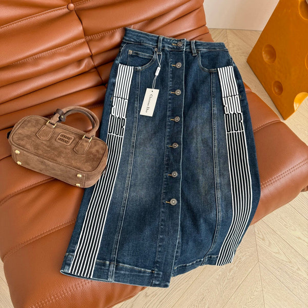 CD 2025 High Waisted Skirt Blue Cotton
