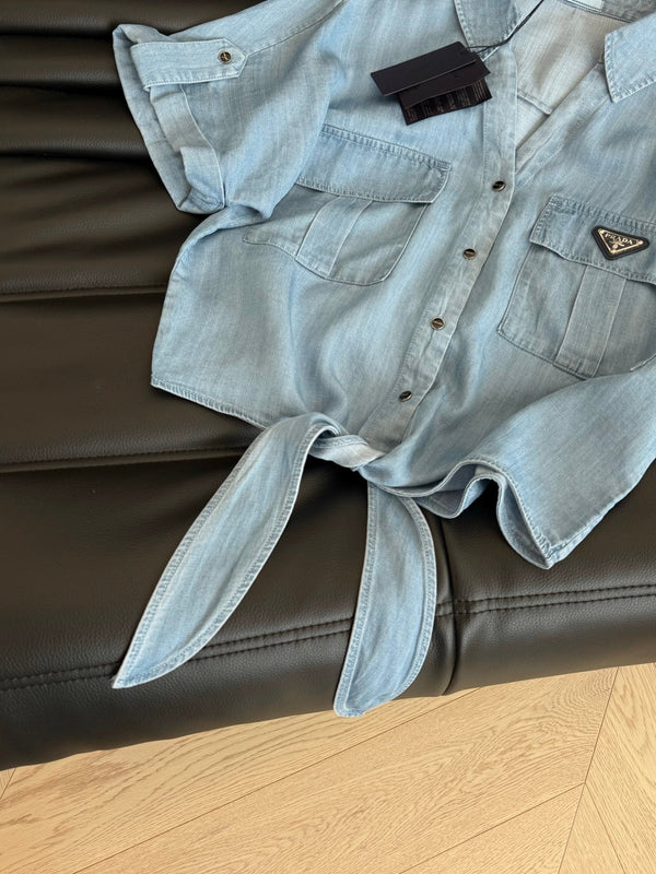 Prada Denim Bow Tie Shirt Light Blue Cotton