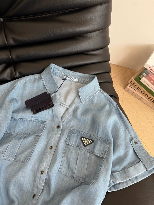 Prada Denim Bow Tie Shirt Light Blue Cotton