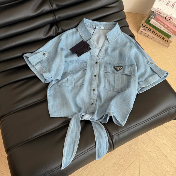 Prada Denim Bow Tie Shirt Light Blue Cotton