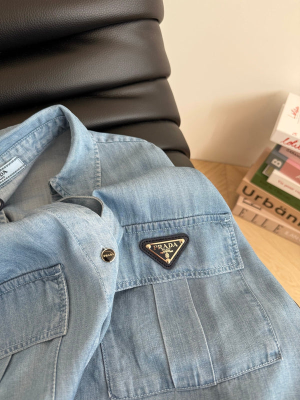 Prada Denim Bow Tie Shirt Light Blue Cotton