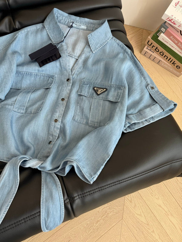 Prada Denim Bow Tie Shirt Light Blue Cotton