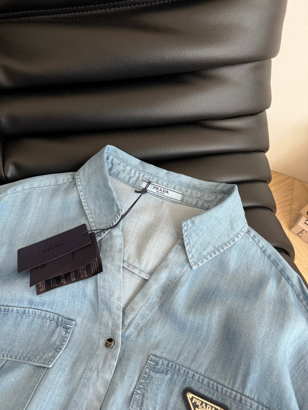Prada Denim Bow Tie Shirt Light Blue Cotton