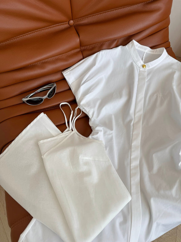 Celine 25 Flying Sleeve Waist Dress White Cotton