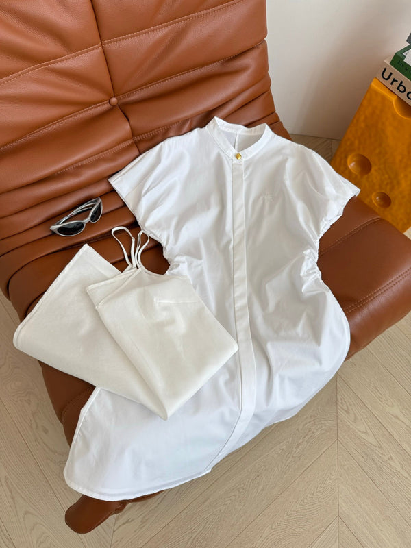 Celine 25 Flying Sleeve Waist Dress White Cotton