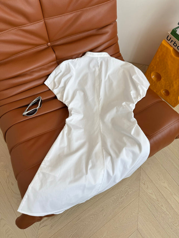 Celine 25 Flying Sleeve Waist Dress White Cotton