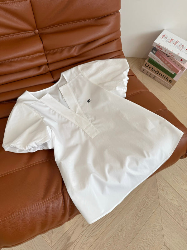 Celine 25 Logo Embroidered Puff Sleeve Shirt Whiet Cotton