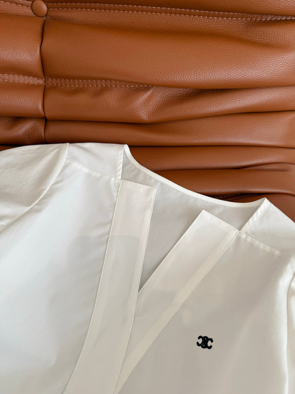 Celine 25 Logo Embroidered Puff Sleeve Shirt Whiet Cotton