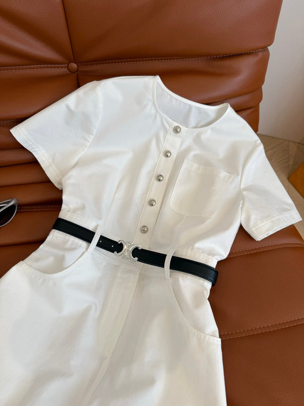 Celine 25 Denim Dress With Silver Buckle Belt White Cotton