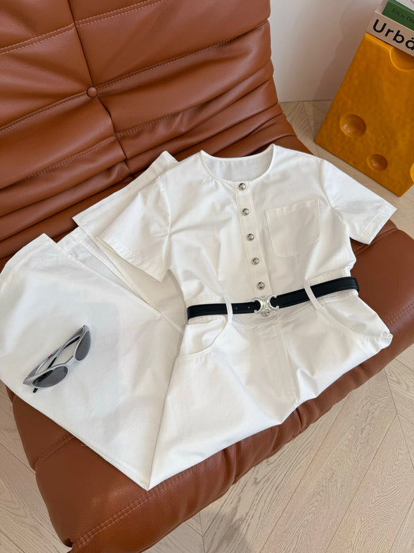 Celine 25 Denim Dress With Silver Buckle Belt White Cotton