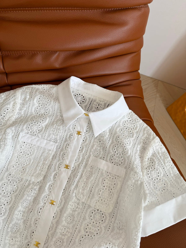 Celine 25 Hollow Wide Shoulder with Gold Metal Button White Cotton