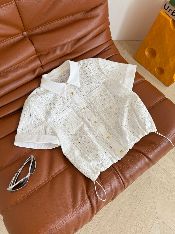 Celine 25 Hollow Wide Shoulder with Gold Metal Button White Cotton