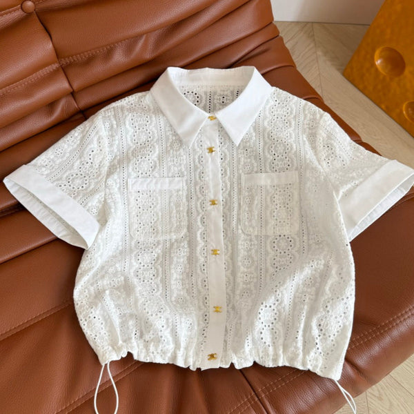 Celine 25 Hollow Wide Shoulder with Gold Metal Button White Cotton