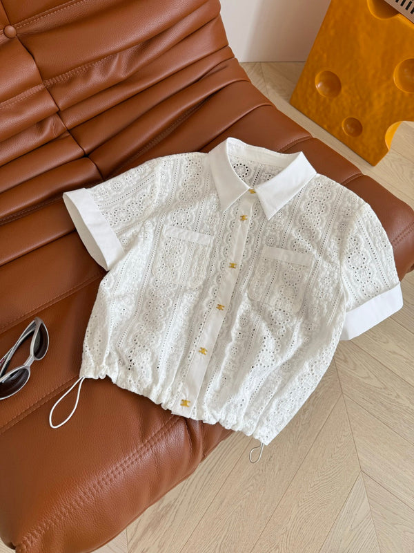Celine 25 Hollow Wide Shoulder with Gold Metal Button White Cotton